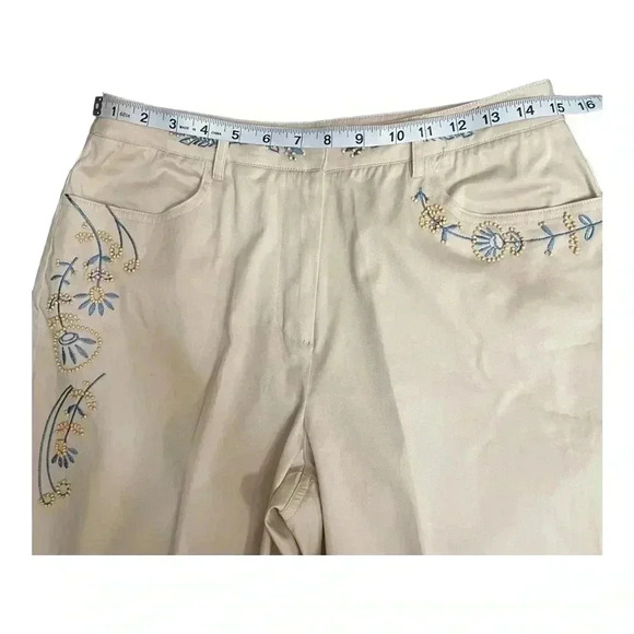 Talbots Petite Khaki Blue Beaded Floral Cropped Capri Pants Womens size 12 New - Picture 8 of 13